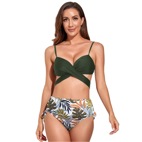 Army Green Printed Criss Cross High Waist Bikini TQK610295-27