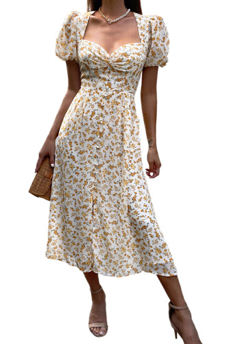 Yellow Floral Puff Sleeve Sweetheart Neck Midi Dress LC618889-7
