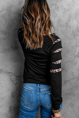 Black Plaid Leopard Heart Print Cut-out Sleeve Pullover Sweatshirt LC25311716-2