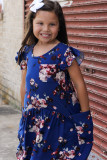 Blue Floral Print Pocketed Ruffled Short Sleeve Girl's Mini Dress TZ61353-5
