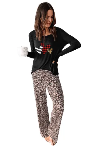 Hearts Print Long Sleeve Top and Leopard Pants Lounge Set LC4512311-20