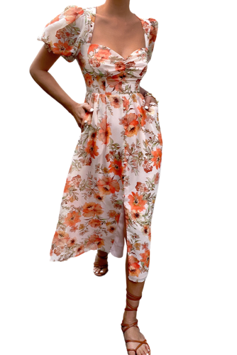 Orange Floral Puff Sleeve Sweetheart Neck Midi Dress LC618889-14