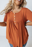 Orange Buttons Ruched O Neck Short Sleeve Plus Size Top LC25112751-14