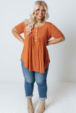 Orange Buttons Ruched O Neck Short Sleeve Plus Size Top LC25112751-14