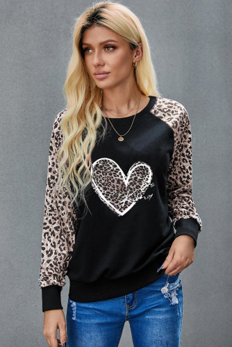 Black Valentine Leopard Heart Be Kind Raglan Sleeve Top LC25113889-2