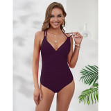 Solid Purple Back Crisscross One Piece Swimsuit TQK620157-8