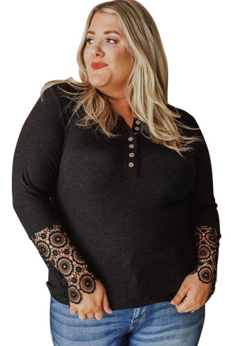 Black Lace Splicing Ribbed Long Sleeve Plus Size Top LC2519887-2