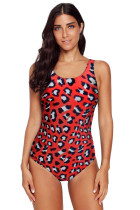 Red Animal Print Criss Cross Back One Piece Swimsuit LC410722-103