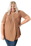 Khaki Buttons Ruched O Neck Short Sleeve Plus Size Top LC25112751-16