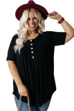 Black Buttons Ruched O Neck Short Sleeve Plus Size Top LC25112751-2