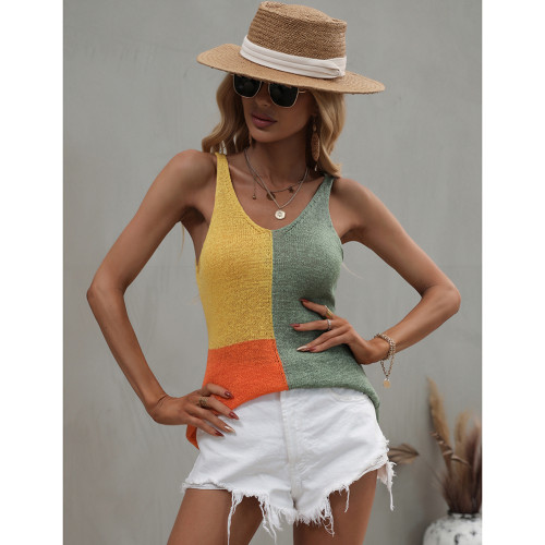 Green Contrast Knitted Loose Tank Top TQK250199-9