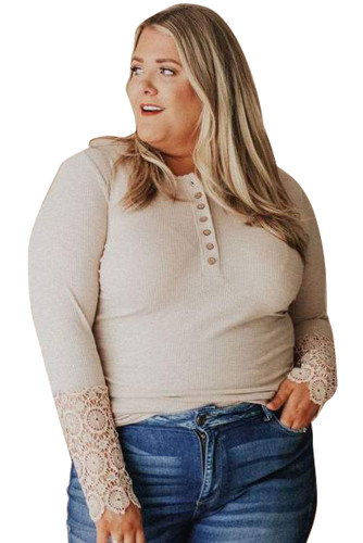Apricot Lace Splicing Ribbed Long Sleeve Plus Size Top LC2519887-18
