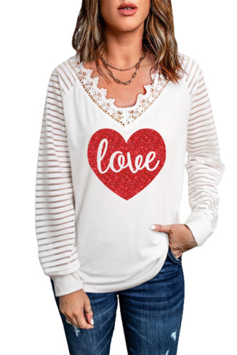 White Love Heart Color Block Ruffled Mesh Patchwork Long Sleeve Top LC25113939-1