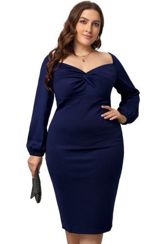 Navy Long Sleeve Front Knot Plus Size Midi Dress LC617212-5