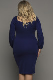 Navy Long Sleeve Front Knot Plus Size Midi Dress LC617212-5