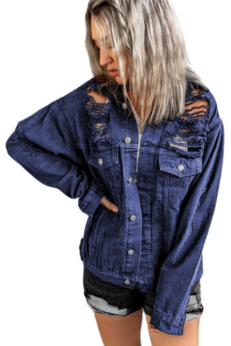 Blue Distressed Buttons Chest Pockets Denim Jacket LC8511514-5