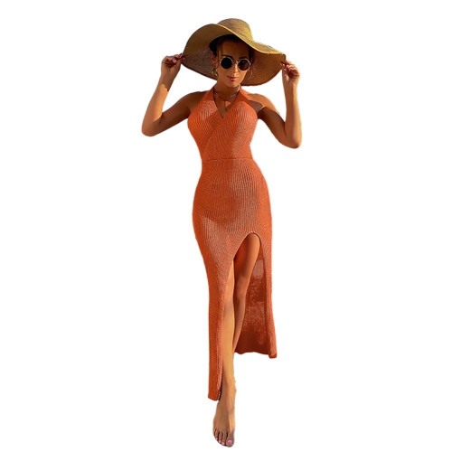 Orange Backless High Split Beach Cover Dress TQK650107-14