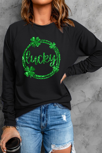Black Sequin Lucky Clover Print Crewneck Pullover Sweatshirt LC25311774-2