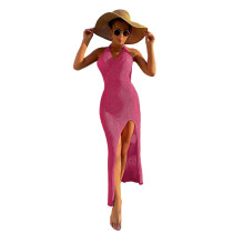 Rosy Backless High Split Beach Cover Dress TQK650107-6