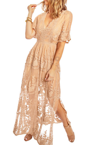 Nude Deep V Neck Short Sleeve Floral Lace Bridesmaid Maxi Dress LC618815-21