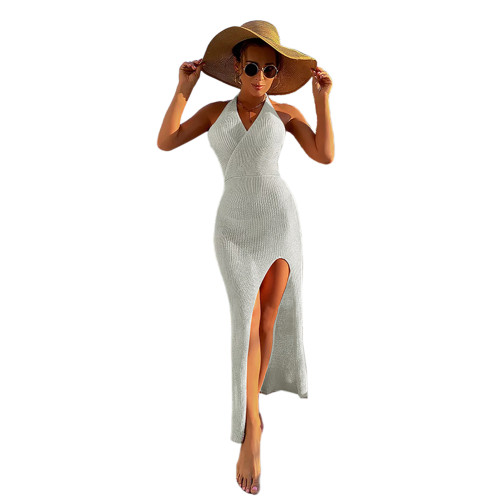 White Backless High Split Beach Cover Dress TQK650107-1