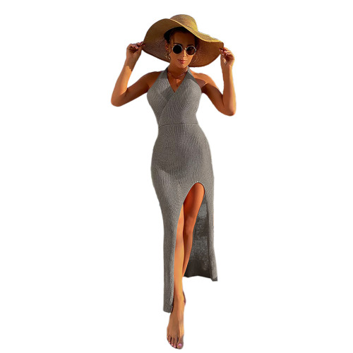 Gray Backless High Split Beach Cover Dress TQK650107-11