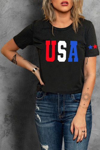 Black USA Star Print Crew Neck Short Sleeve T-shirt LC25214187-2