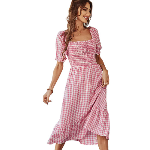 Pink Plaid Print Square Neck Midi Dress TQK310873-10
