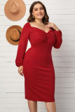 Red Long Sleeve Front Knot Plus Size Midi Dress LC617212-3