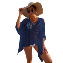 Navy Blue Hollow Out Lace-up Beach Cover Up TQK650112-34