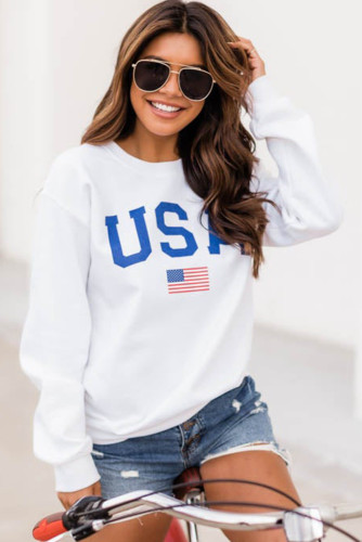 White USA Flag Print Drop Sleeve Pullover Sweatshirt LC25311764-1