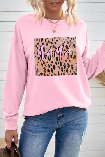 Pink MAMA Leopard Color Block Drop Sleeve Pullover Sweatshirt LC25311724-10
