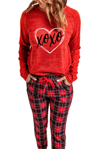 Red XOXO Heart Shaped Print Top and Plaid Pants Lounge Wear LC4512293-3