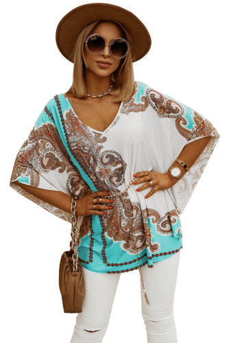 Sky Blue Paisley Print Batwings Sleeve Casual Tunic Top LC25112908-4