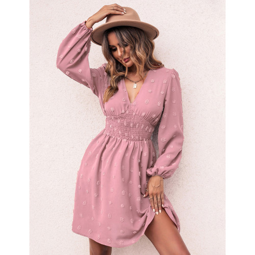 Pink Jacquard Slim Fit A-line Long Sleeve Dress TQF311038-10