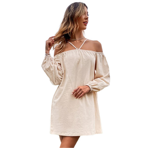 Apricot Off Shoulder Cotton Long Sleeve Dress TQF311039-18