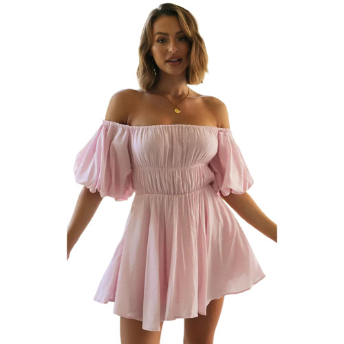 Pink Off Shoulder Irregular Hem Lantern Sleeve Dress TQF311035-10