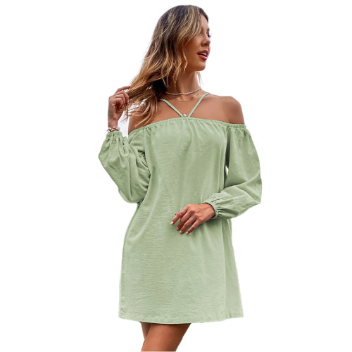 Light Green Off Shoulder Cotton Long Sleeve Dress TQF311039-28