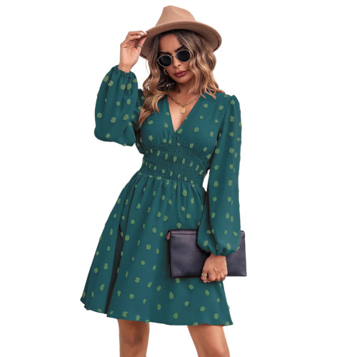 Dark Green Jacquard Slim Fit A-line Long Sleeve Dress TQF311038-36