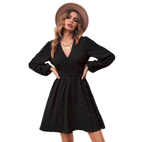 Black Jacquard Slim Fit A-line Long Sleeve Dress TQF311038-2