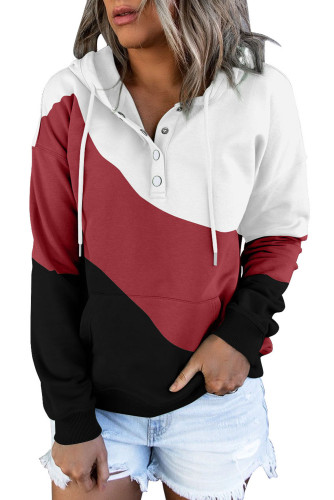 Burgundy Colorblock Snap Button Hoodie LC25310120-3