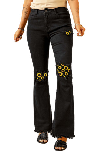 Black Sunflower Patchwork Raw Hem High Rise Flare Jeans LC784450-2