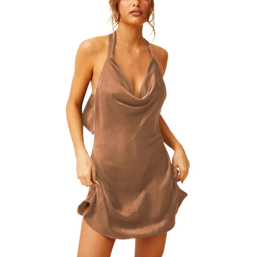 Solid Khaki Satin Halter Evening Dress TQK310864-21