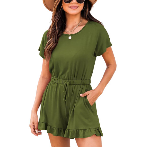 Army Green Button Ruffle Detail Pocketed Romper TQK550295-27