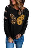 Black Sunflower Leopard Butterfly Print Long Sleeve Sweatshirt LC25312033-2