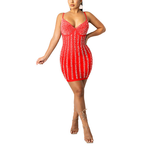 Red Rhinestone Pearl Mesh Club Dress TQK310680-3
