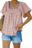 Pink Square Neck Jacquard Short Sleeves Top LC25112777-10