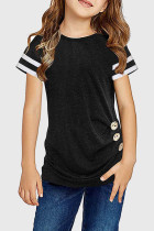 Black Striped Sleeves Little Girl Tee with Buttoned Side TZ25255-2