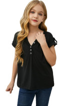 Black Roll up Short Sleeve Girls' Top with Buttons TZ25234-2