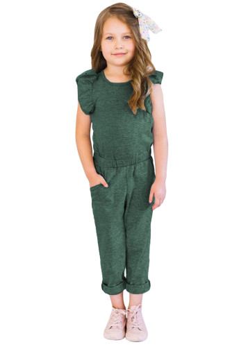 Green Little Girls Ruffled Shoulder Keyhole Back Jumpsuit with Pockets TZ64004-9